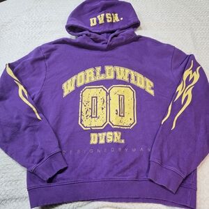 Boohoo Men's L Oversized Boxy Shoulder Worldwide Graphic Hoodie Purple Yellow